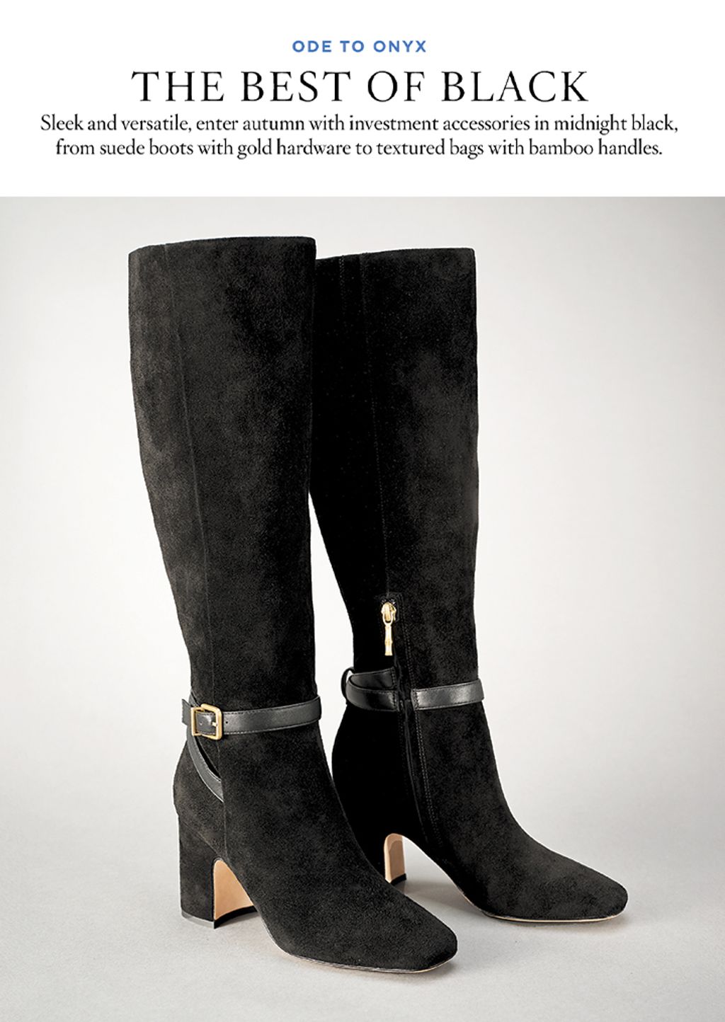 Still life shot of black suede heeled boots.