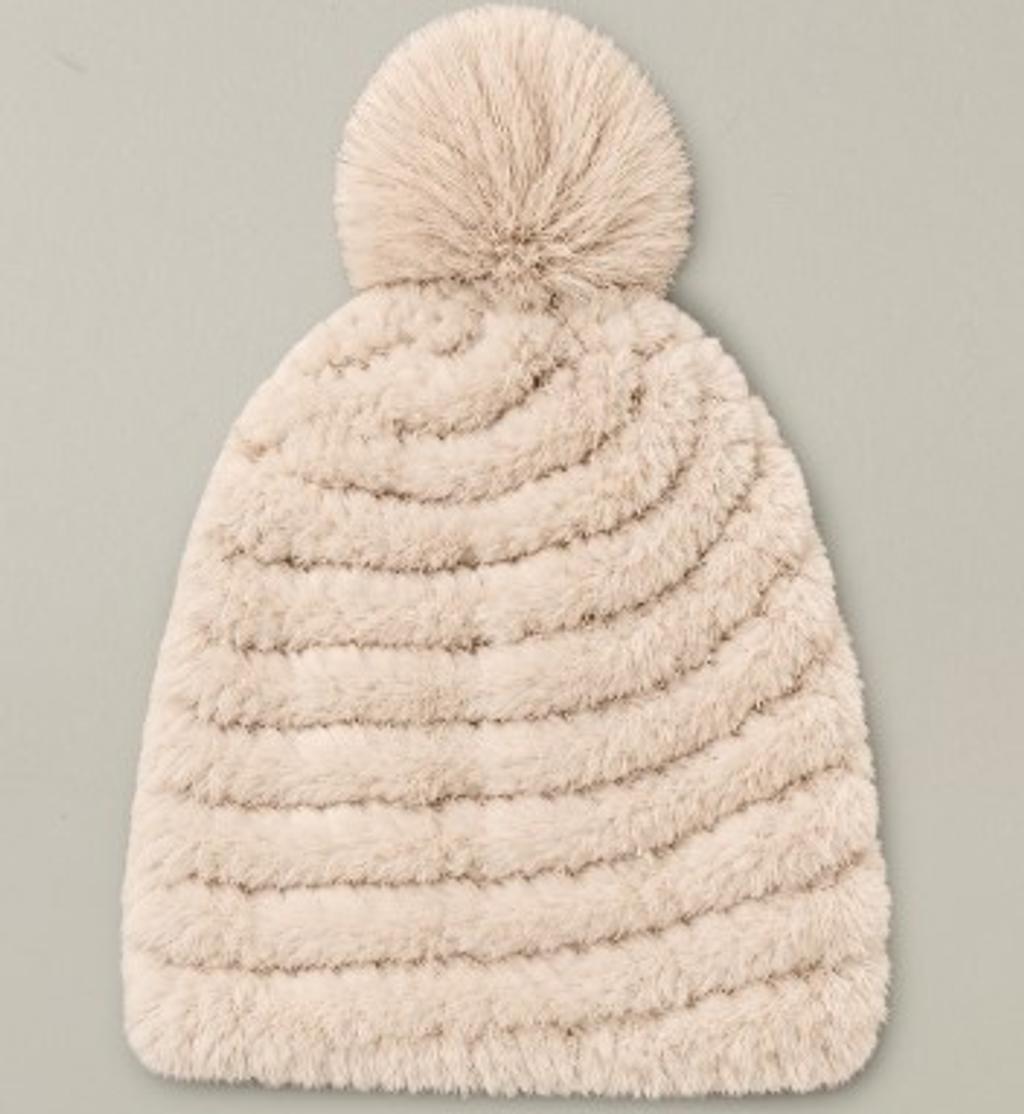 Fluffy cream pom-pom beanie.