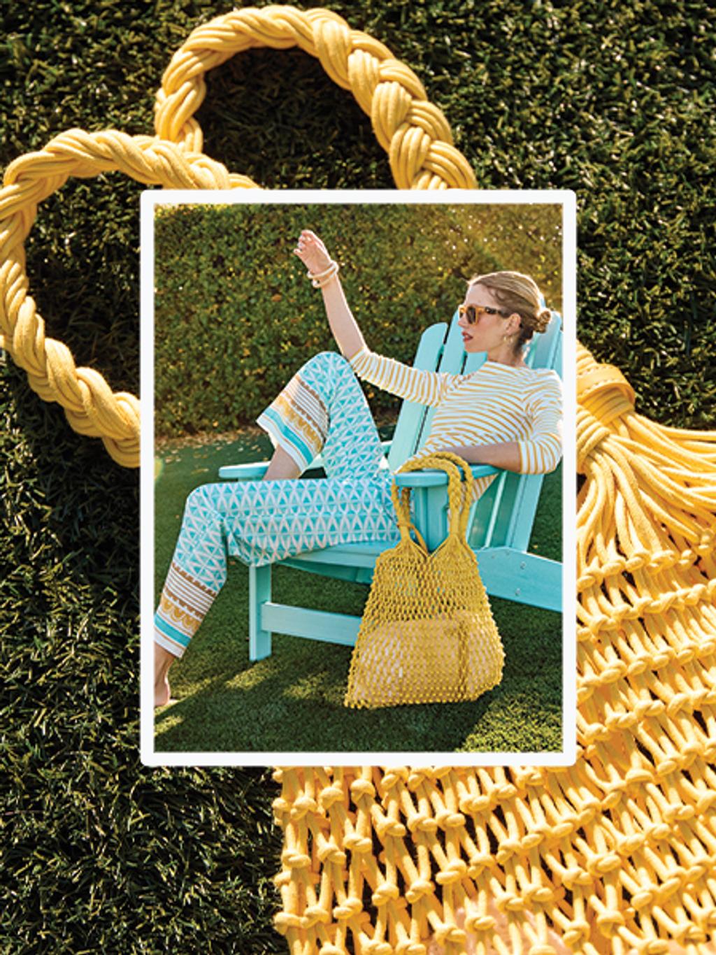 Shot of model in Adirondack chair with yellow crochet tote, overlaid on photo of tote in the grass