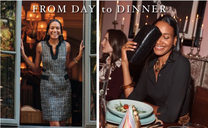 two women, one in sleeveless tweed dress opening living room windows, the other at dinner table party at night with black dress and black clutch