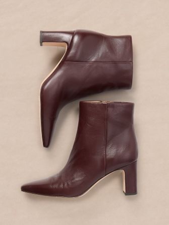 laydown of womens leather merlot ankle boots
