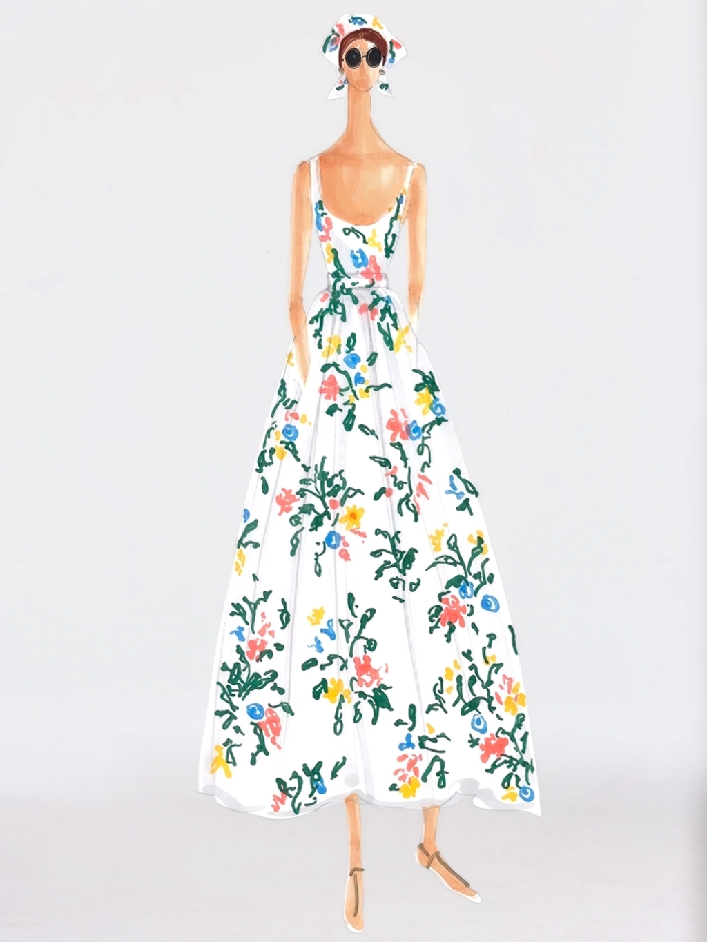 Fashion illustration of a woman in a white dress with colorful floral patterns, a matching headscarf, and sunglasses.