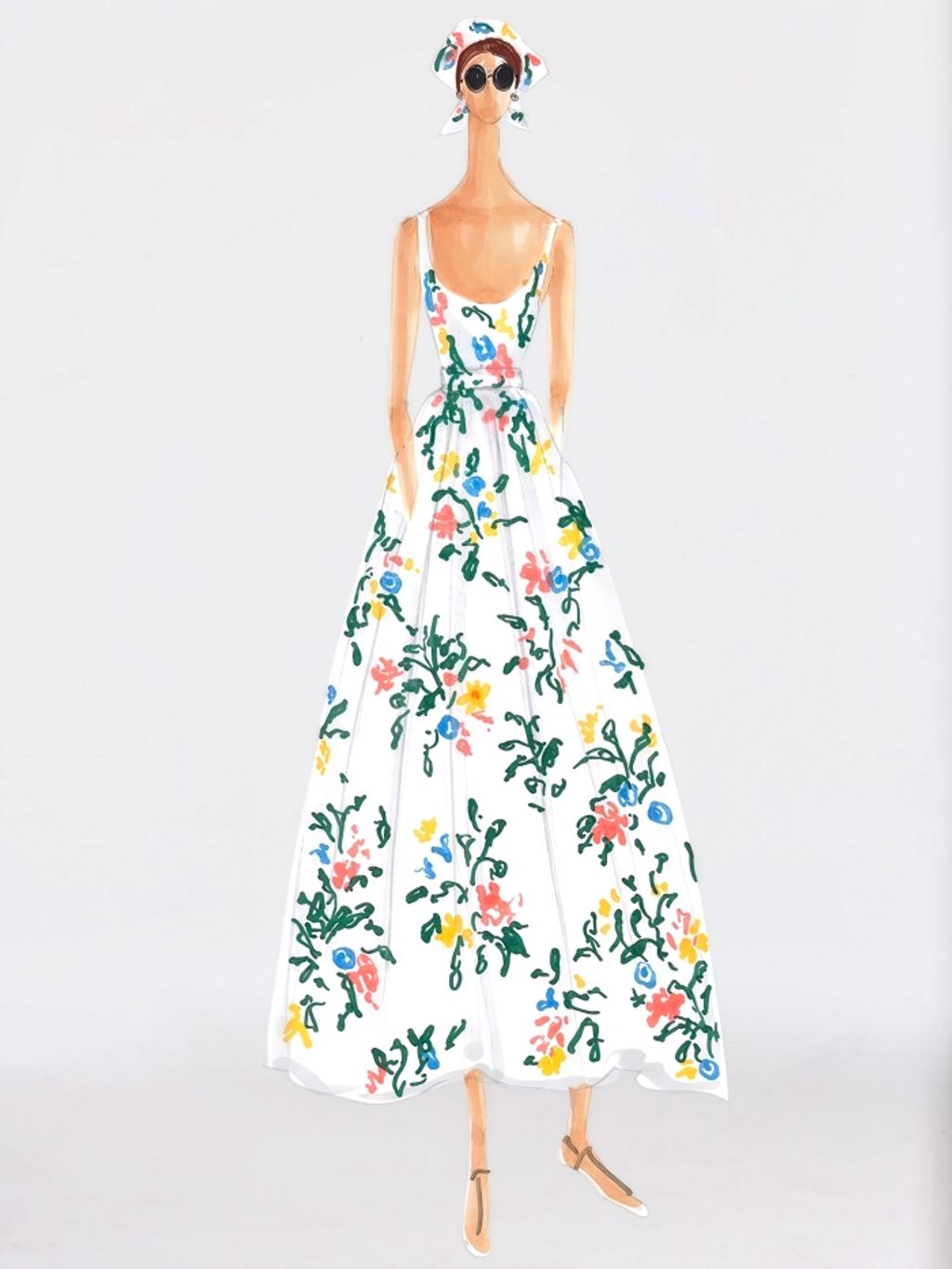 Fashion illustration of a woman in a white dress with colorful floral patterns, a matching headscarf, and sunglasses.