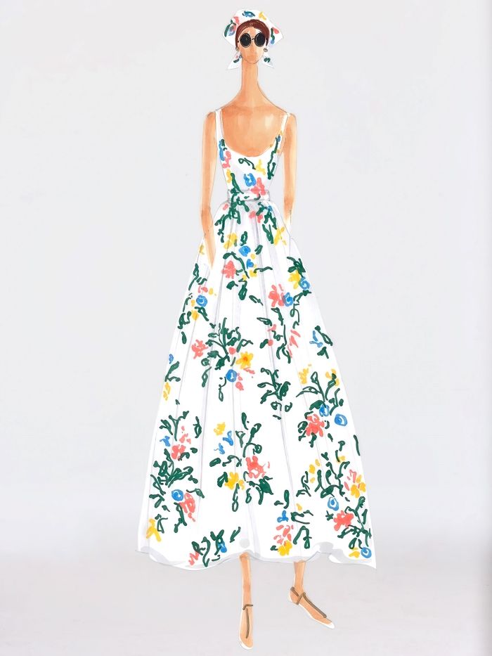 Fashion illustration of a woman in a white dress with colorful floral patterns, a matching headscarf, and sunglasses.