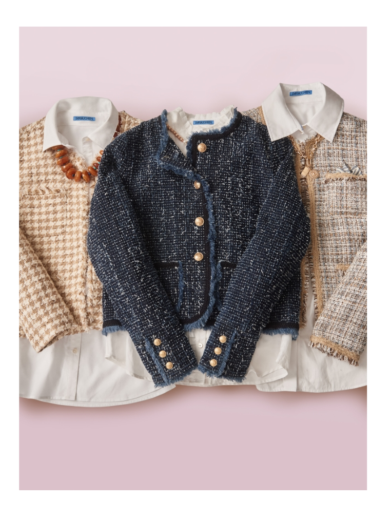 group of womens tweed jackets with shirts layered underneath against light pink seamless background