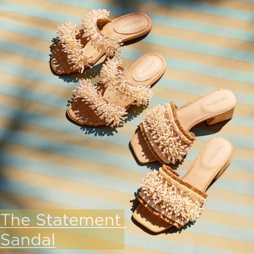beaded slide sandals positioned atop mint and sand striped blanket