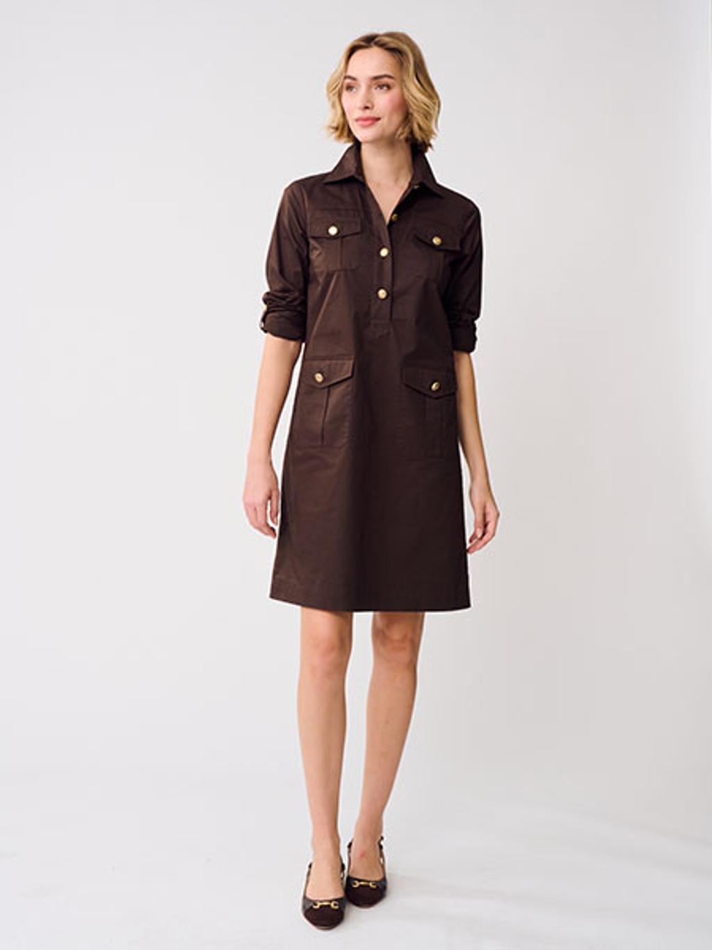 Model in brown shirt dress with patch pockets Model in brown shirt dress with patch pockets