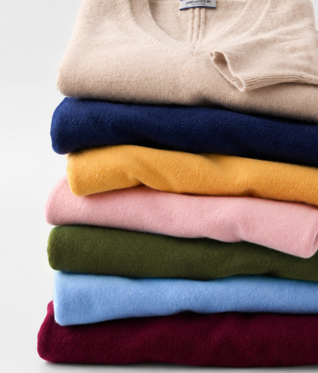 A stack of folded sweaters in beige, navy, yellow, pink, olive green, light blue, and burgundy.