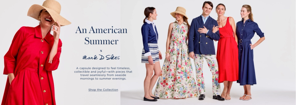 Advertisement for "An American Summer x Mark D Sikes" collection, featuring six models in vibrant summer clothing.
