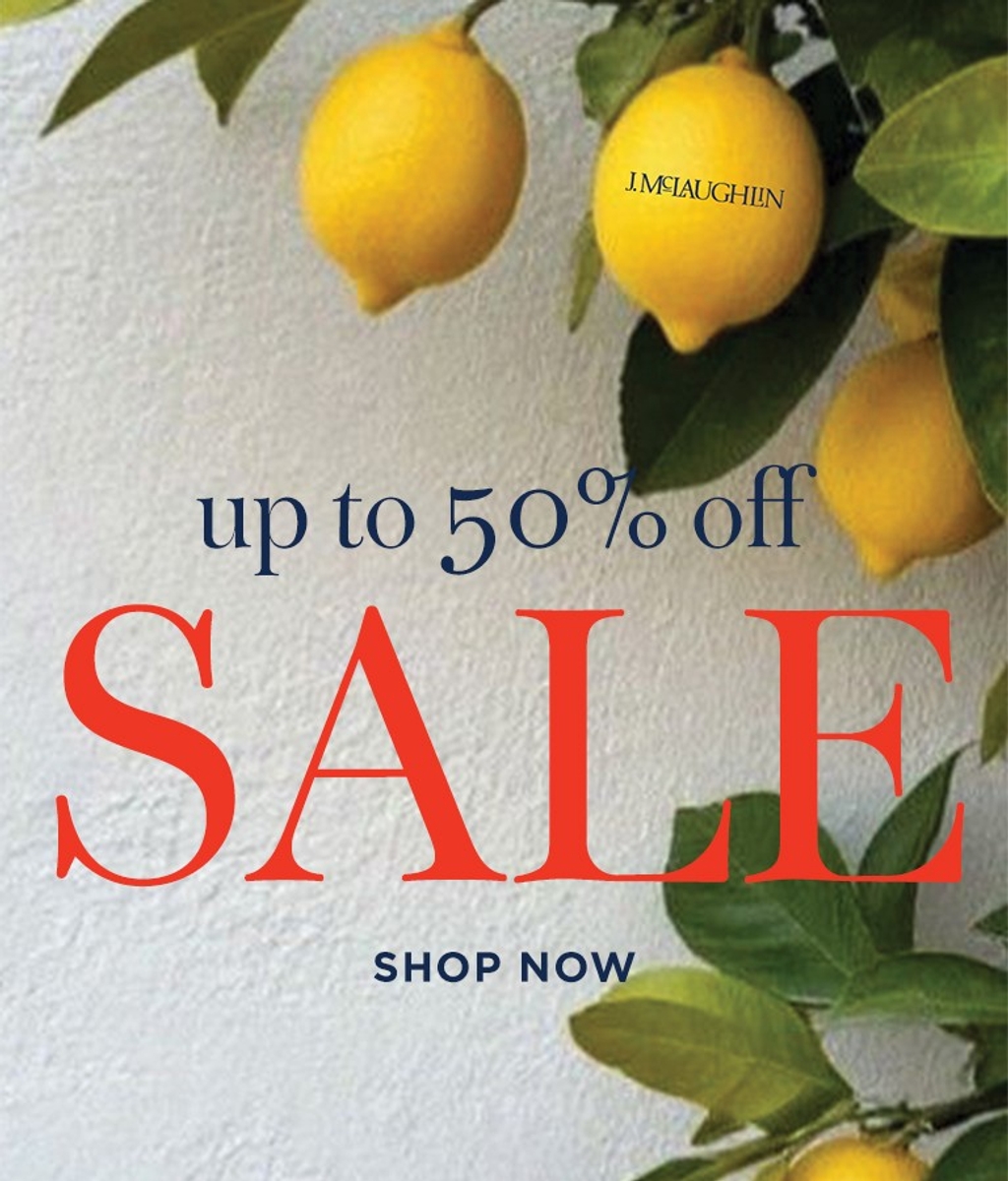 J.MCLAUGHLIN sale advertisement with lemons, featuring "up to 50% off SALE" and "SHOP NOW."