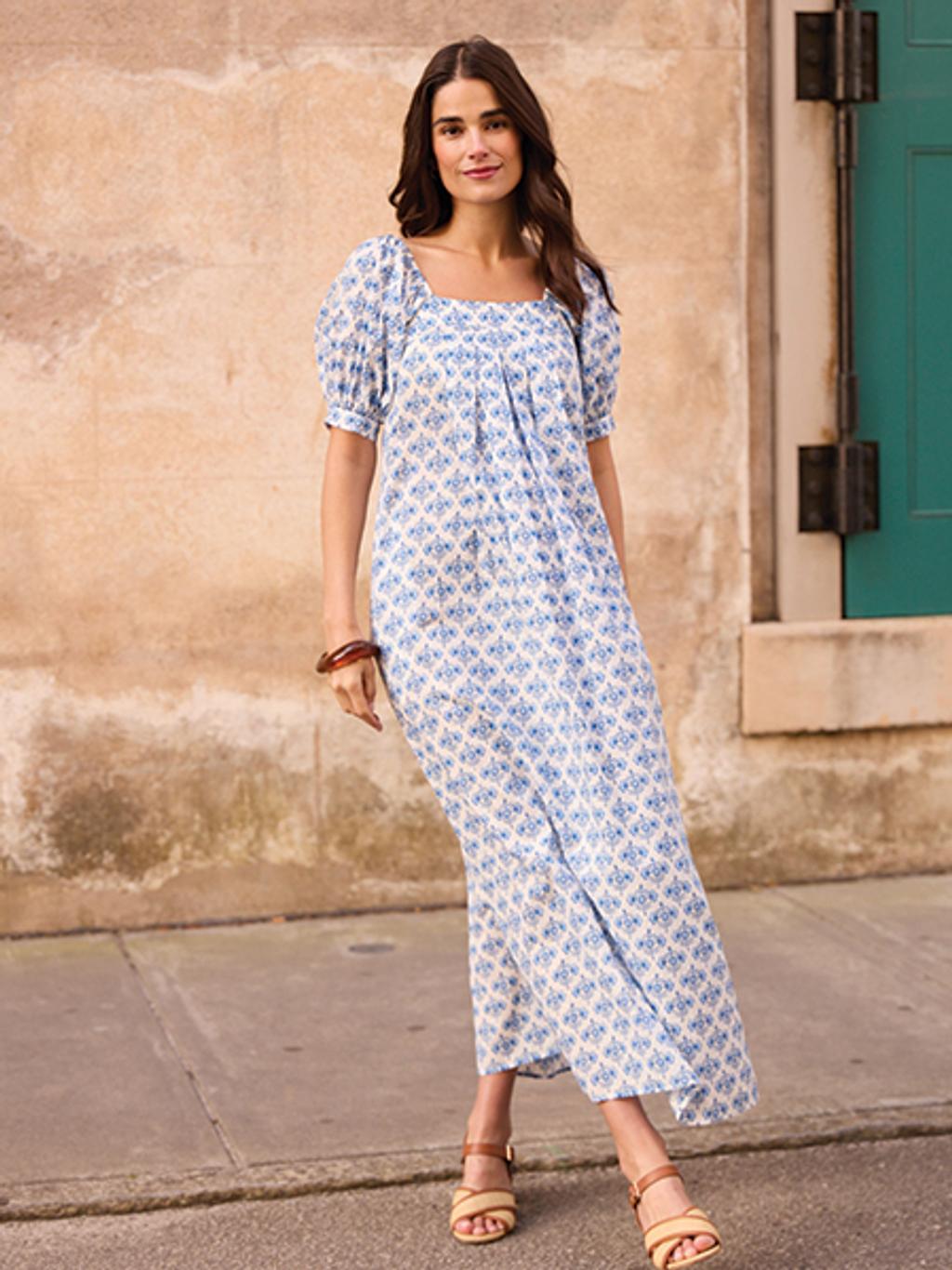 Model in floral puff-sleeve maxi dress in Charleston