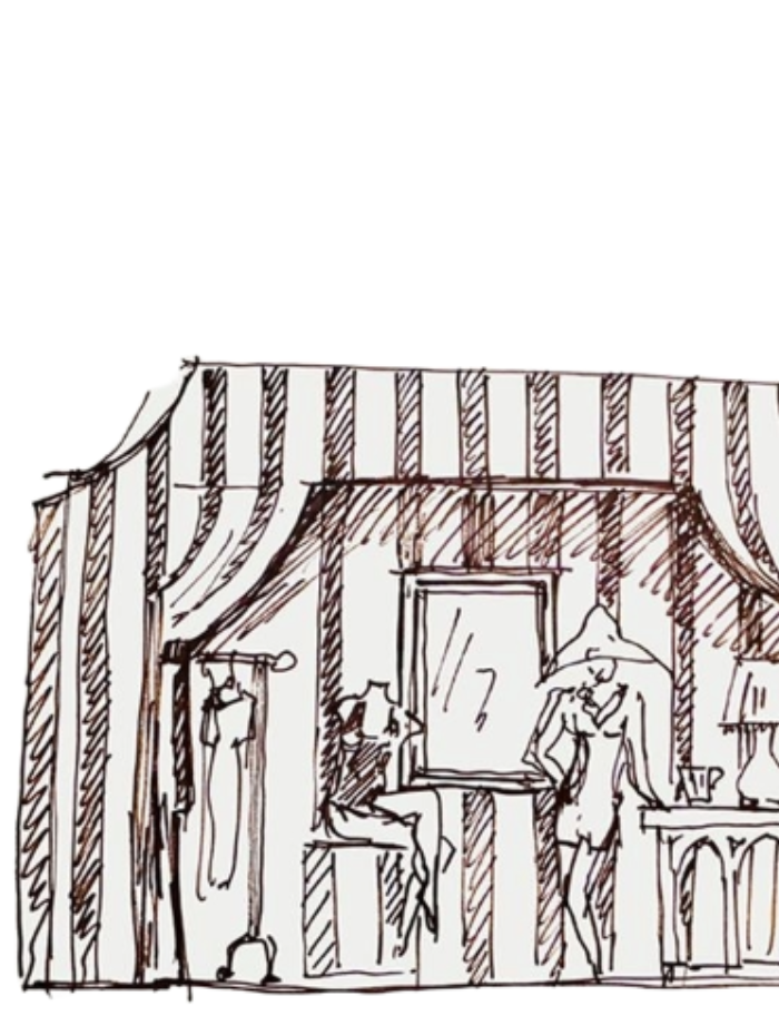 sketch of striped cabana motif pop up with mannequins and closet like display