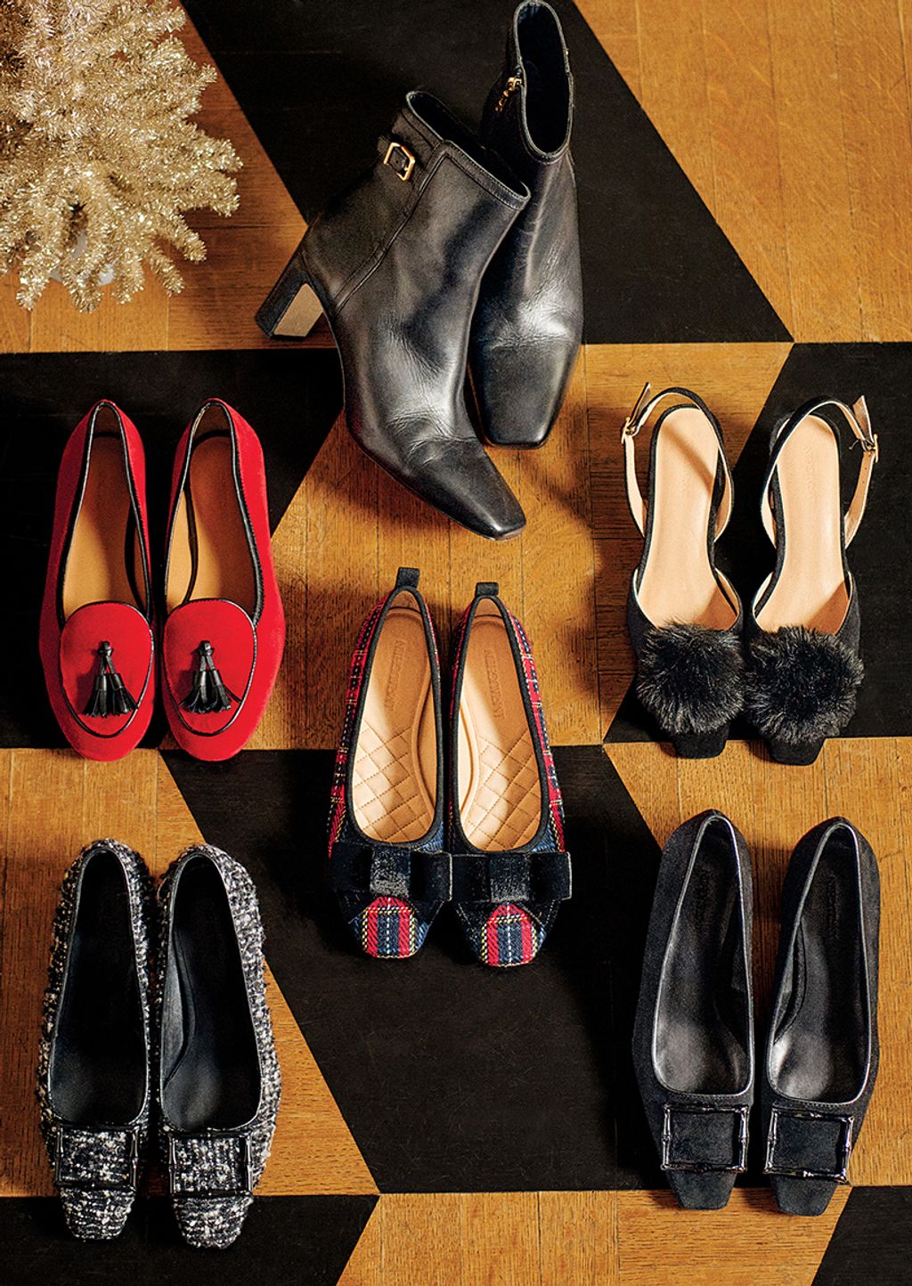 Overhead shot of 6 pairs of holiday shoes.