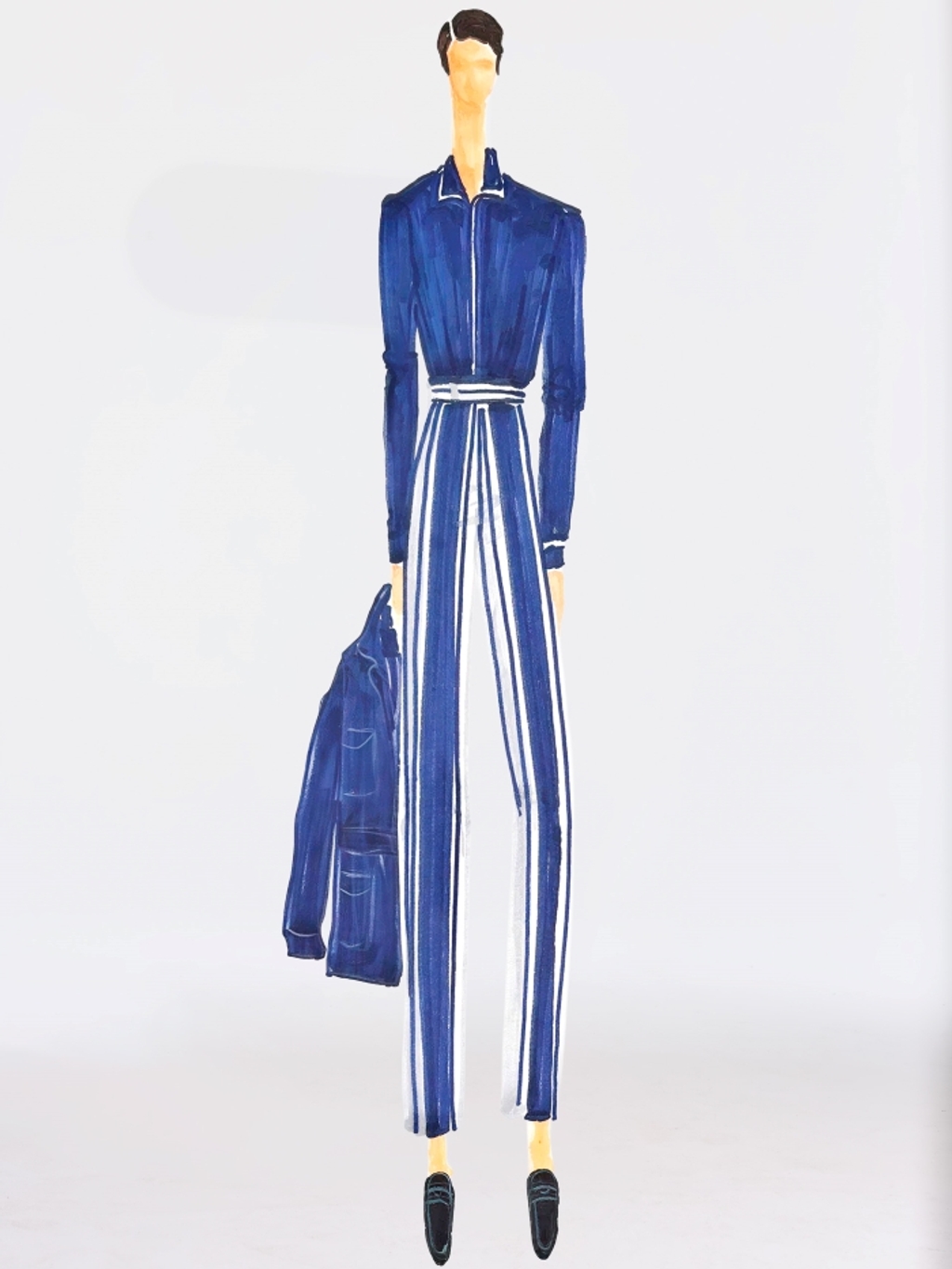 Fashion illustration of a person in a blue top with white trim, blue and white striped trousers, holding a blue jacket, and wearing black loafers.