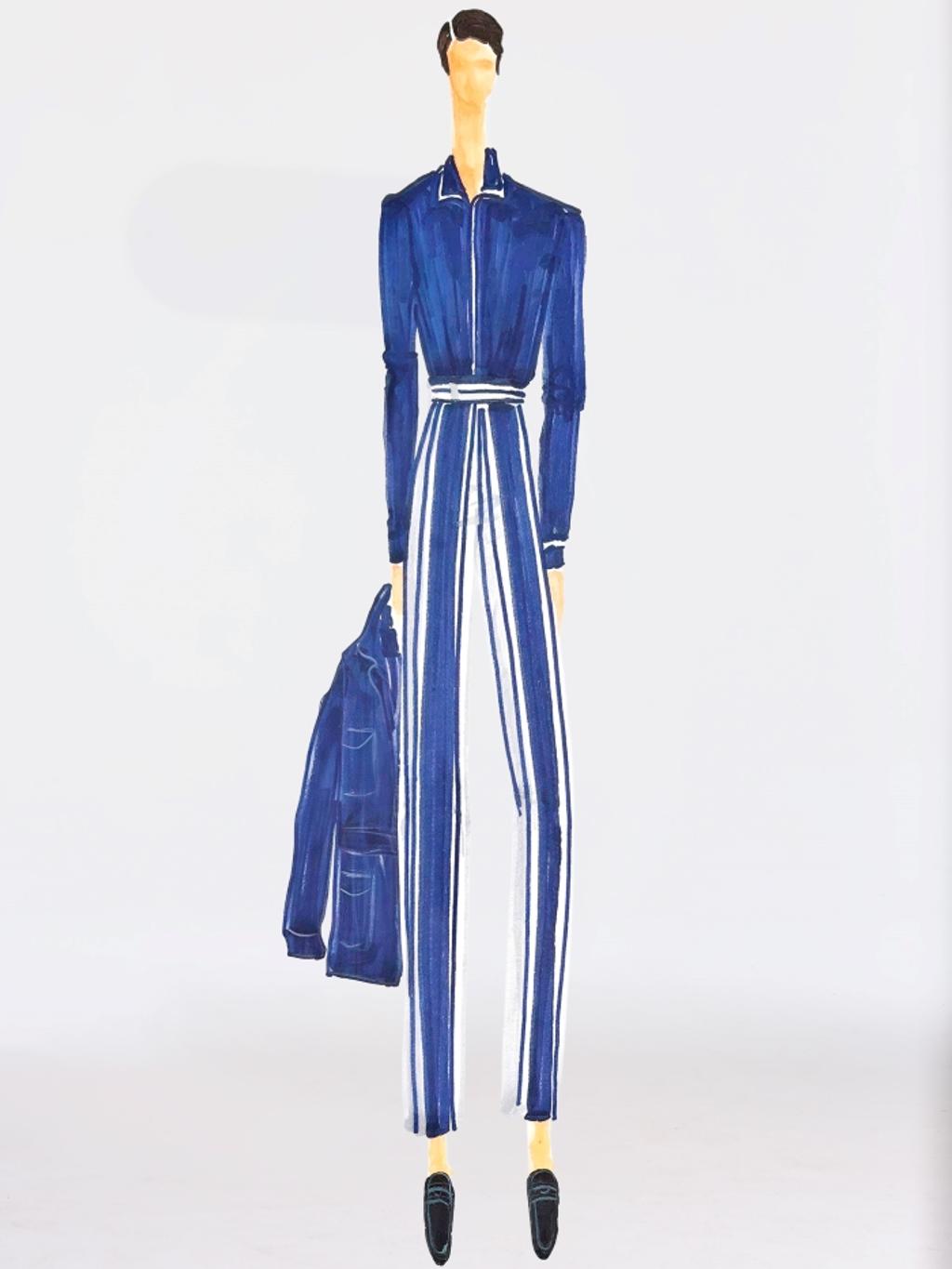 Fashion illustration of a person in a blue top with white trim, blue and white striped trousers, holding a blue jacket, and wearing black loafers.