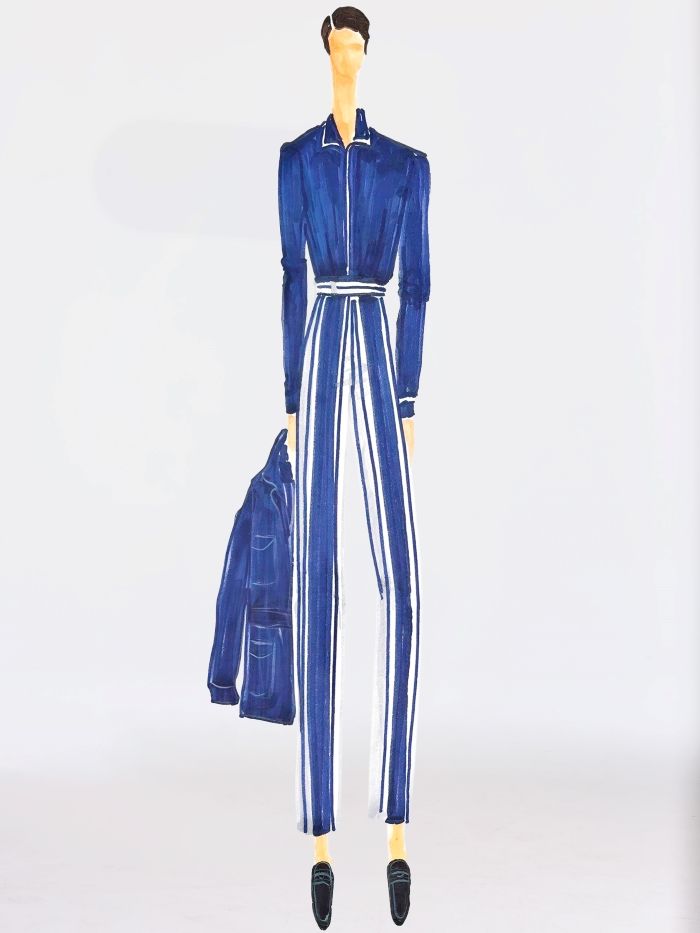 Fashion illustration of a person in a blue top with white trim, blue and white striped trousers, holding a blue jacket, and wearing black loafers.