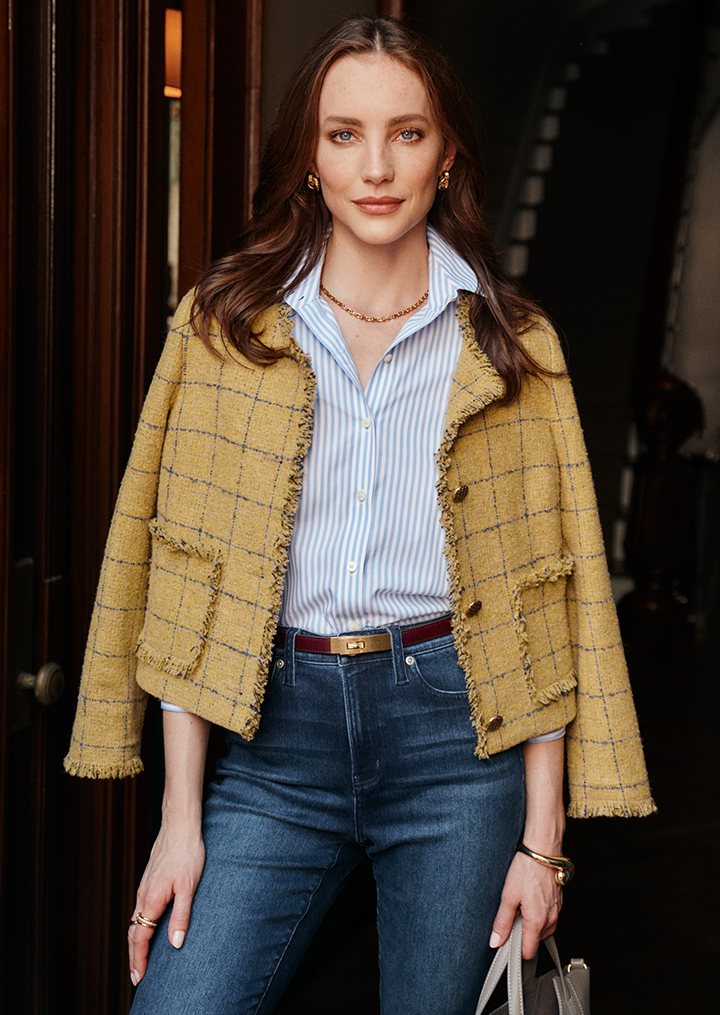 model wearing lois top, watson and pant and loafer in green.