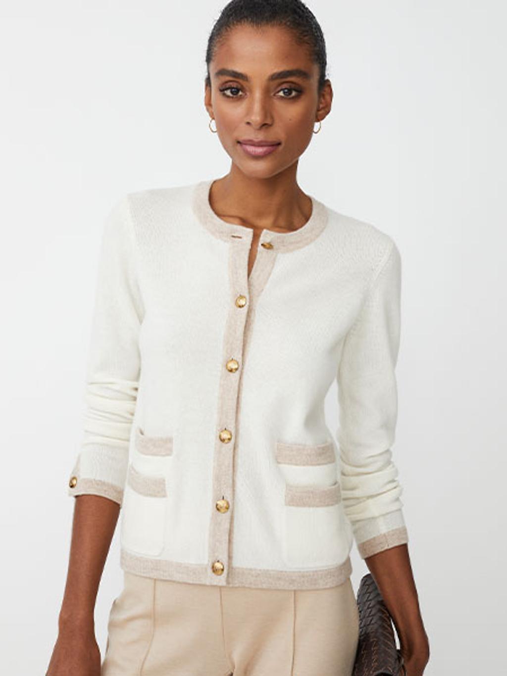 Model wearing cream cashmere cardigan Model wearing cream cashmere cardigan