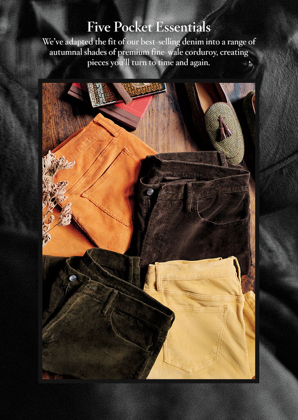 Laydown of men's 5 pocket corduroy pants