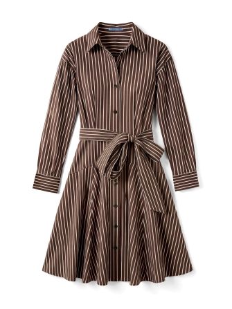 laydown of women's brown and white striped shirtdress with pleated skirt, flatlay on seamless white backdrop