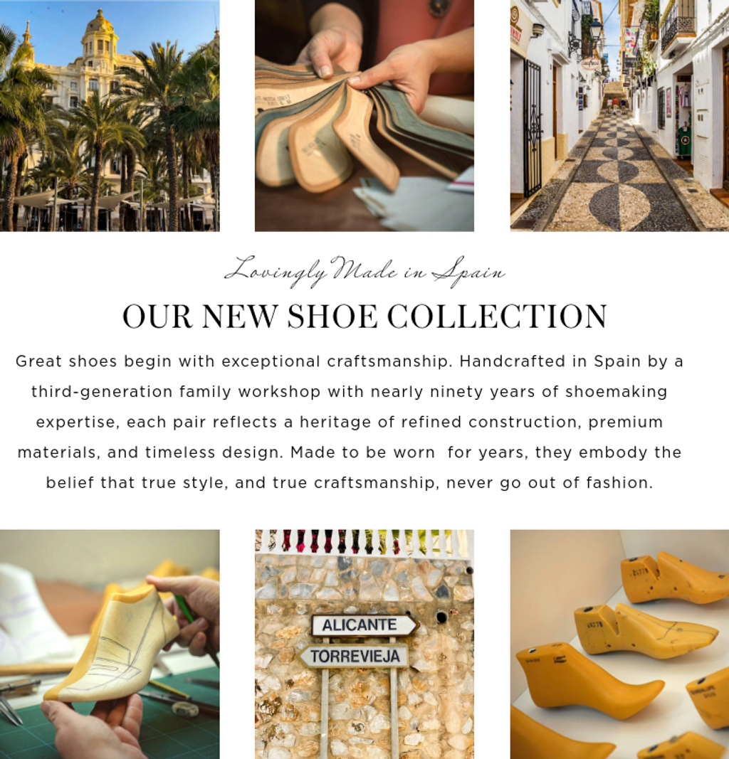 Advertisement for a new shoe collection handcrafted in Spain, featuring photos of shoe craftsmanship, materials, and Spanish towns.