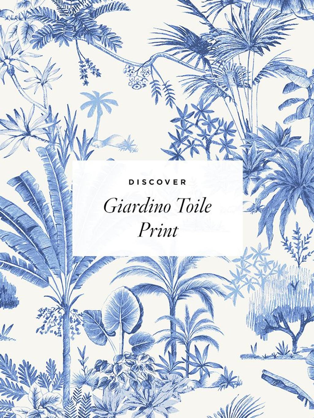 blue and white toile print block with print name copy block overlayed
