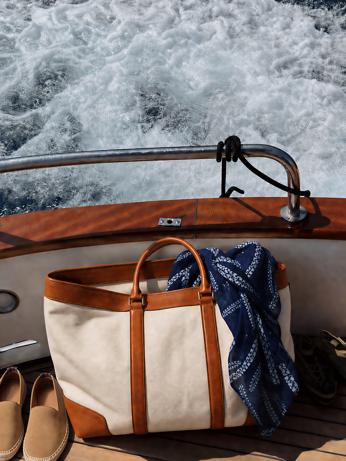 A cream and brown travel bag, blue scarf, and tan espadrilles on a wooden boat deck with churning water in the background.