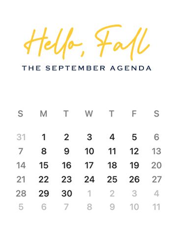 Illustration of the September calendar withe J.McLaughlin Hello, Fall The September Agenda written out.