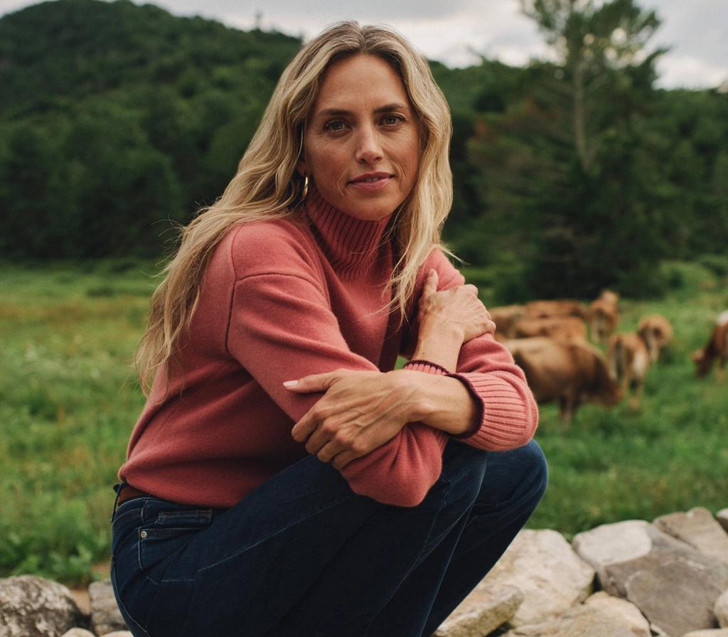 A woman in a pink turtleneck and dark jeans crouches on a stone wall, with a green hillside and cows in the background.