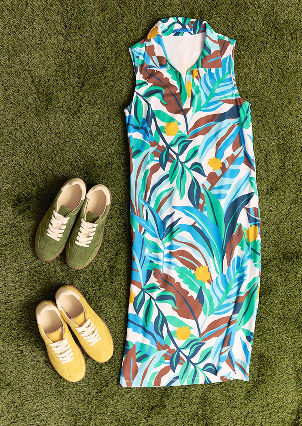 athletic dress styled on grass with sneakers in green and yellow. 
