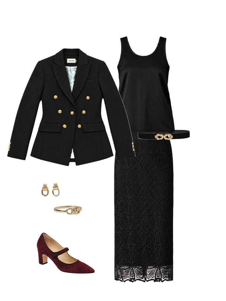 A flat-lay of a black double-breasted blazer, black tank top, black lace midi skirt, black belt with a gold knot buckle, matching gold knot earrings and bracelet, and burgundy Mary Jane heels.