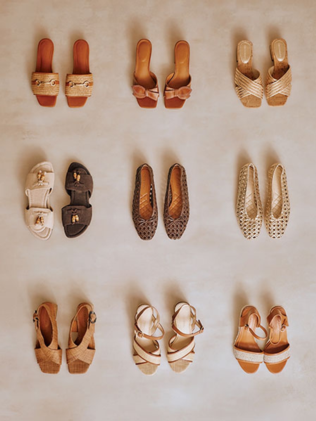 Laydown shot of spring sandals and flats