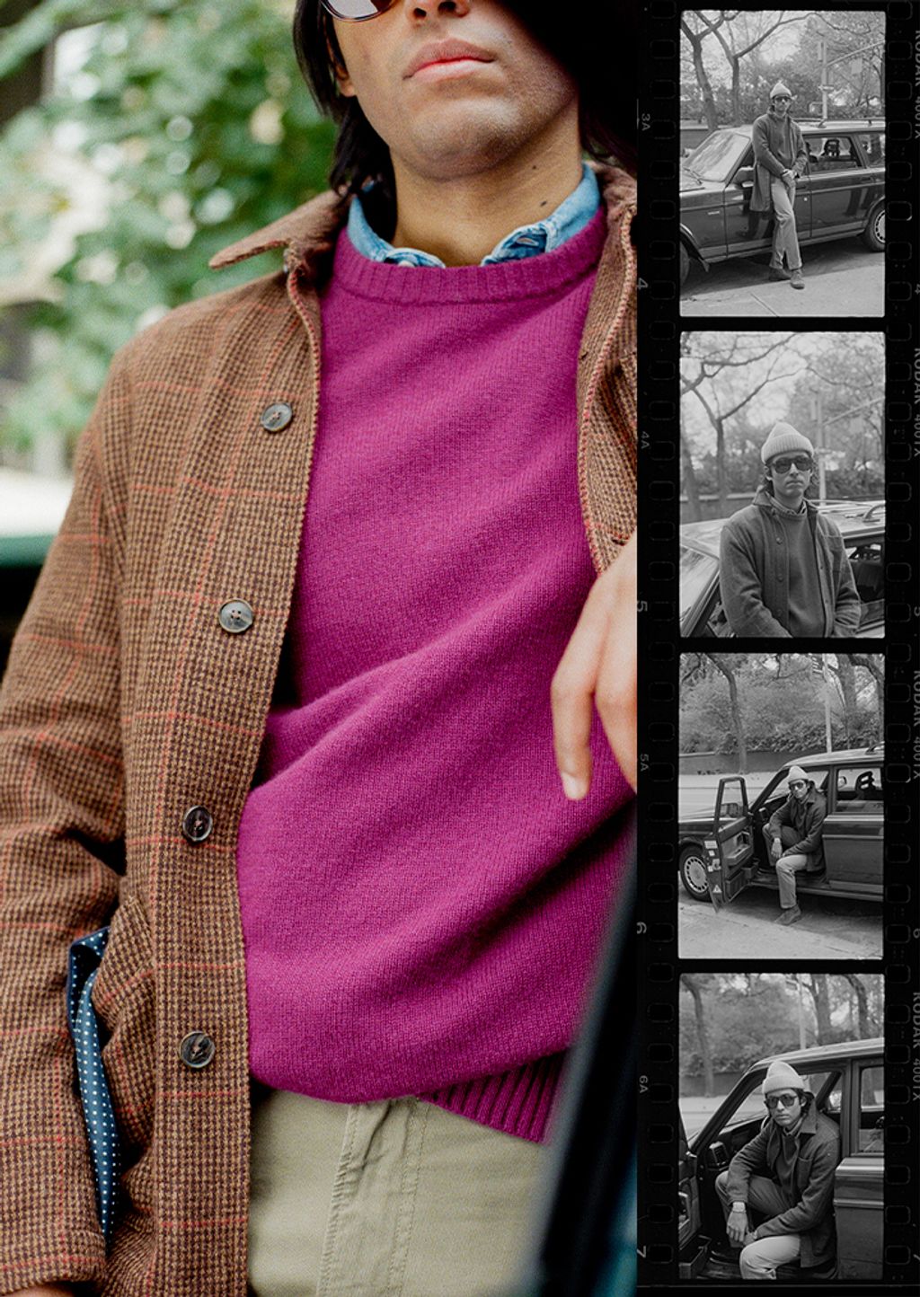 Male model modeling wearing button down shirt with sweater around shoulders 