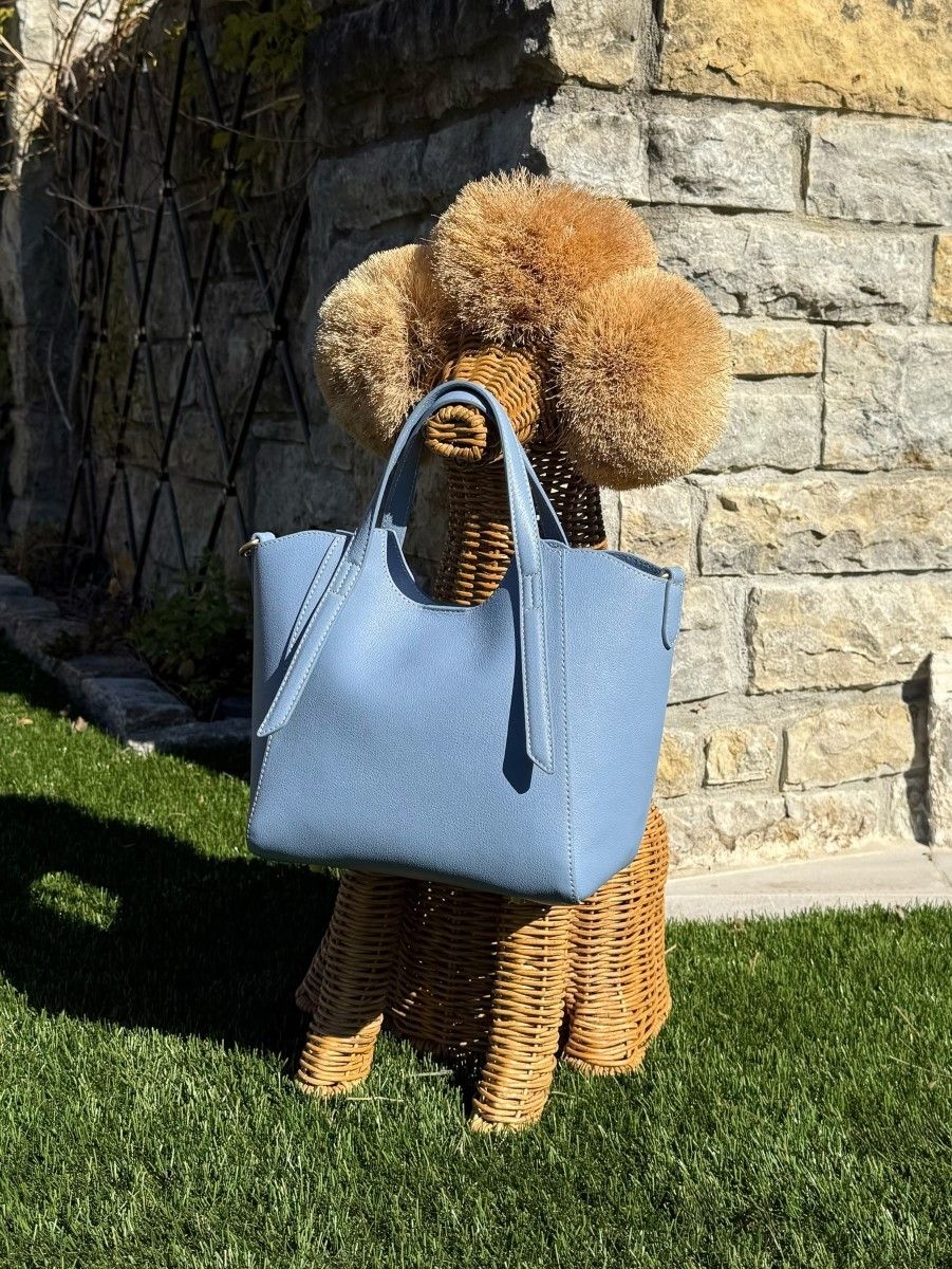 wicker dog on lawn holding blue leather mini tote handbag
