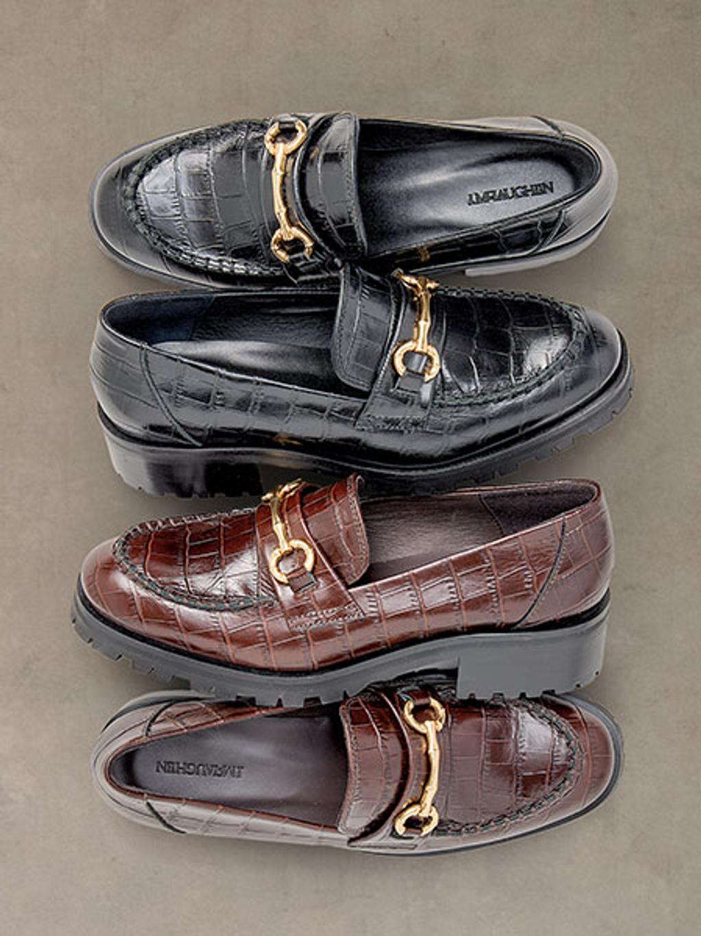 Two pairs of lug-sole loafers in black and brown