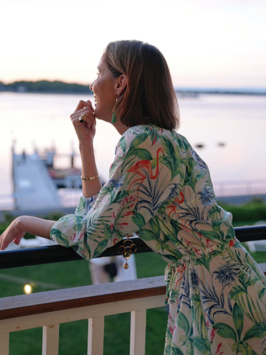 Filipa de Abreu at sunset in flamingo print dress