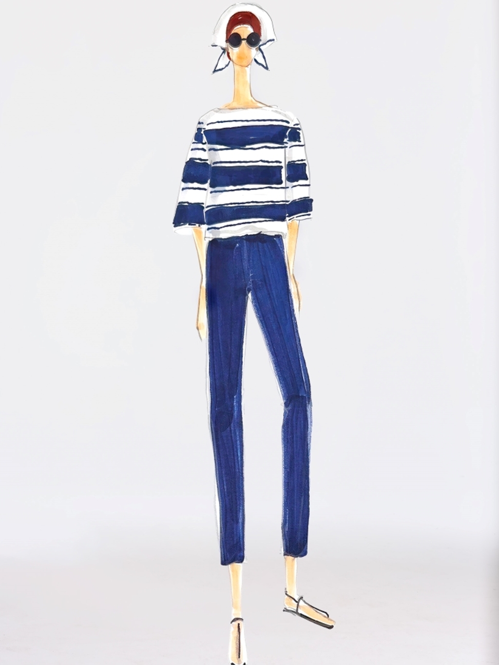 Fashion illustration of a person in a white headscarf, sunglasses, blue and white striped boat-neck top, blue pants, and black sandals.