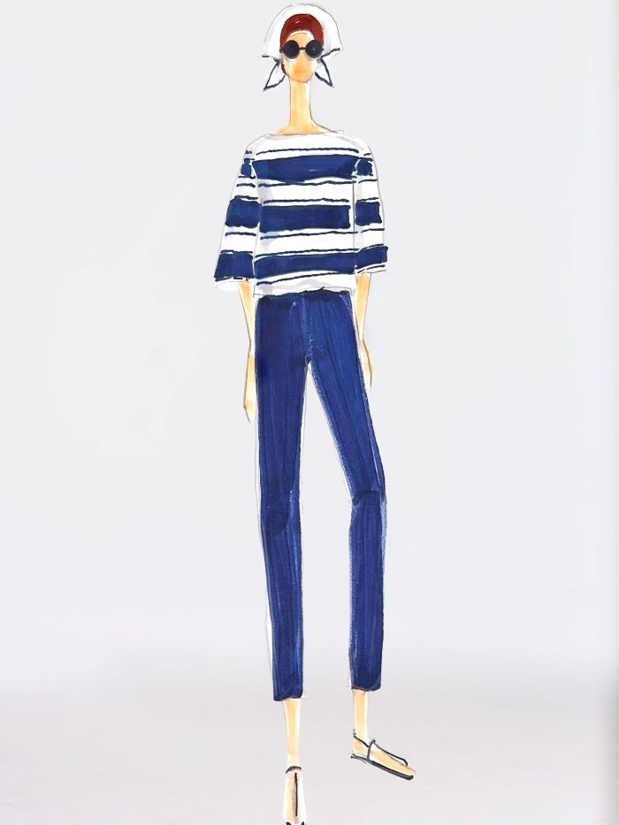 Fashion illustration of a person in a white headscarf, sunglasses, blue and white striped boat-neck top, blue pants, and black sandals.