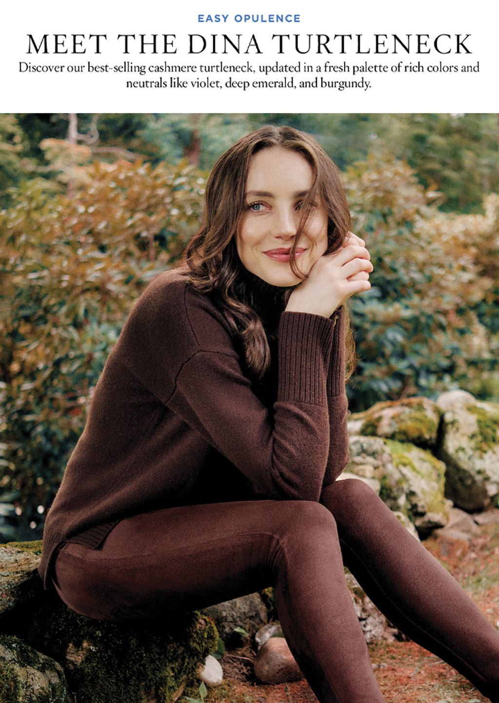 Woman in chocolate brown Dina cashmere turtleneck and suede leggings.