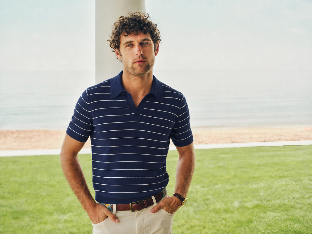 A man in a navy and white striped polo shirt and khaki pants stands outdoors by the water.