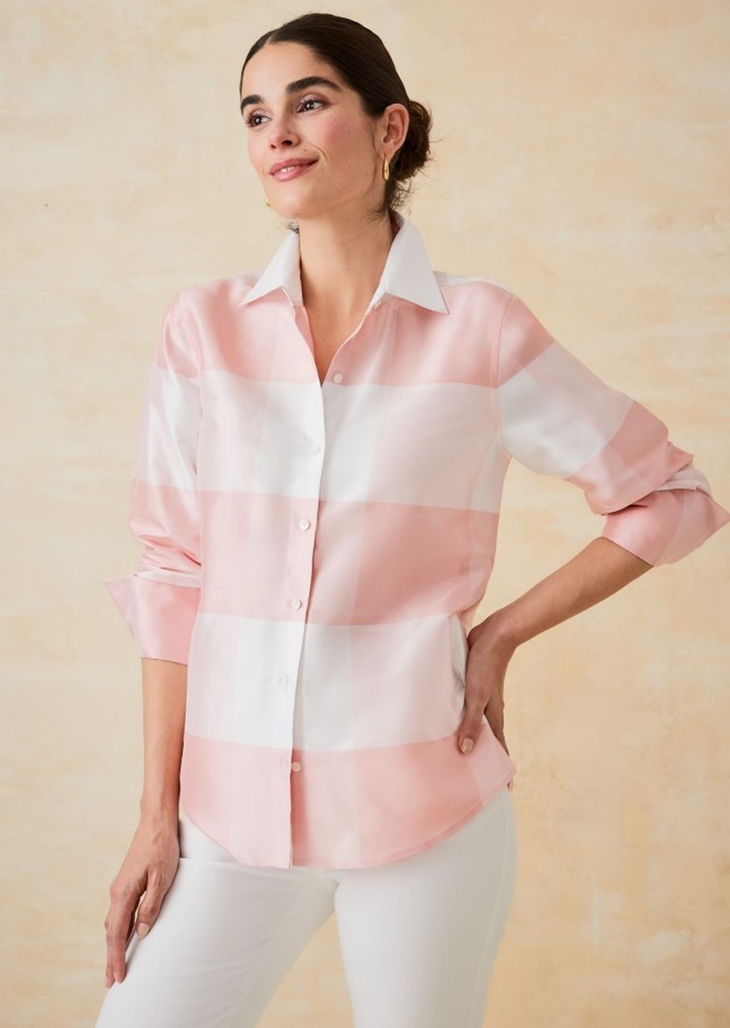 woman wearing a pink and white oversize gingham silk taffeta shirt