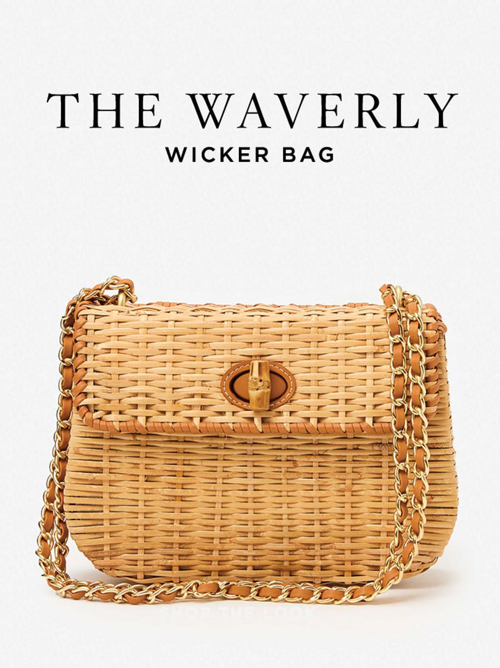 wicker bag with gold chain strap and toggle top flap closure