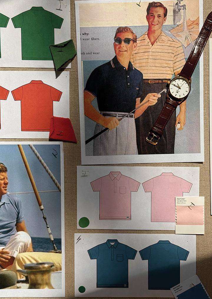 Man in red linen polo holding navy blazer over shoulder 