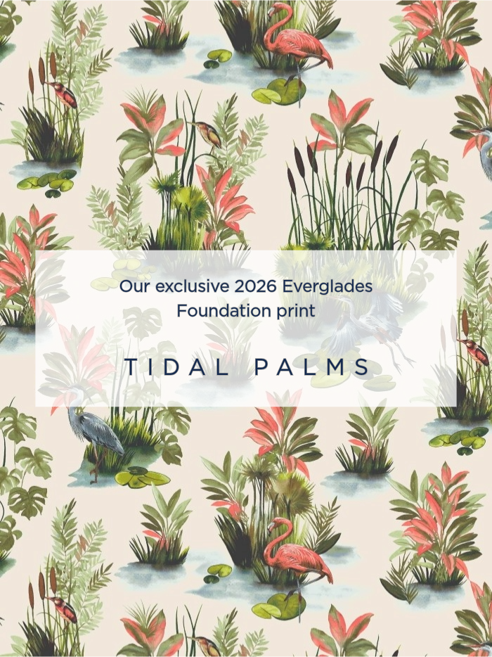 flatlay of botanical print with exclusive tidal palms message overlay