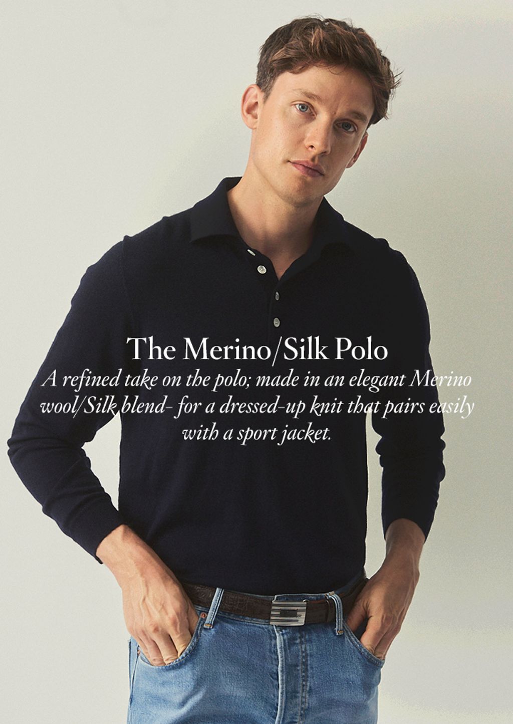 Male model wearing a sweater polo made from merino wool and silk.