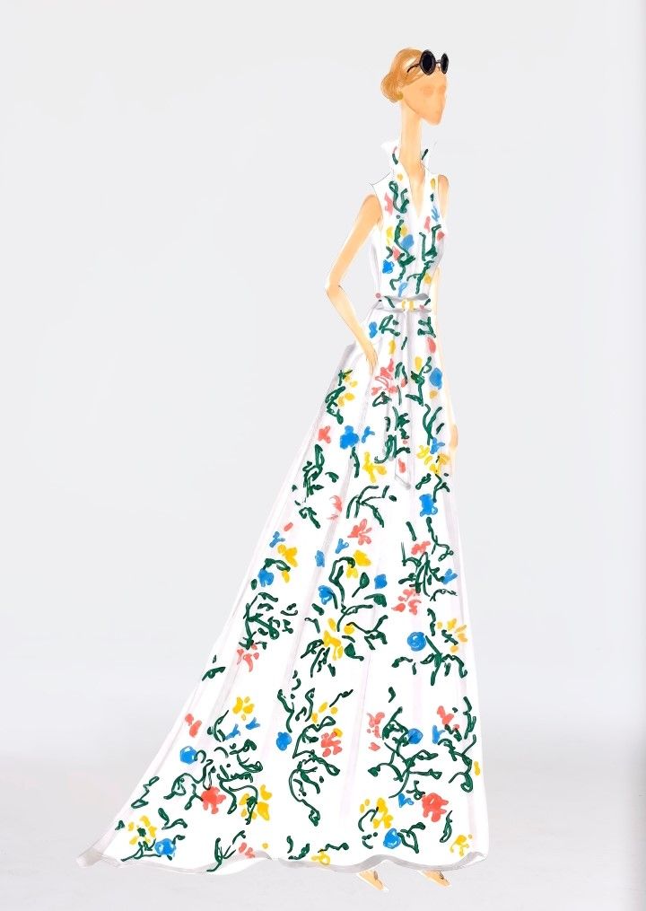 Fashion illustration of a woman in a white floral maxi dress and sunglasses.