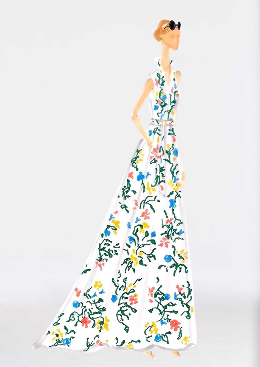 Fashion illustration of a woman in a white floral maxi dress and sunglasses.