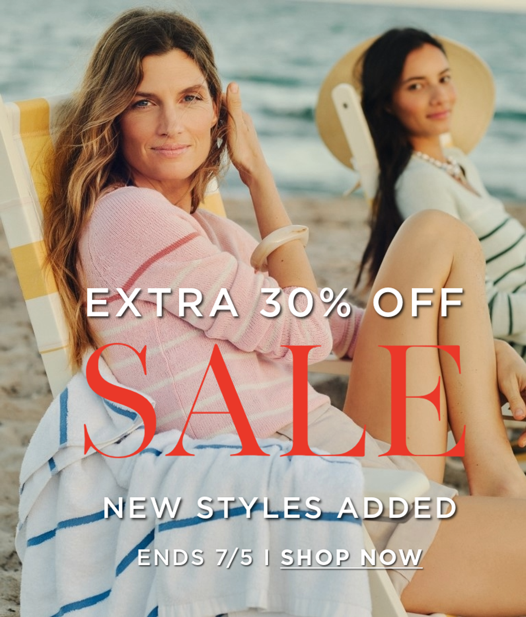 Two women on a beach, one in a pink striped sweater, with the text "EXTRA 30% OFF SALE NEW STYLES ADDED LIMITED TIME ONLY | SHOP NOW".