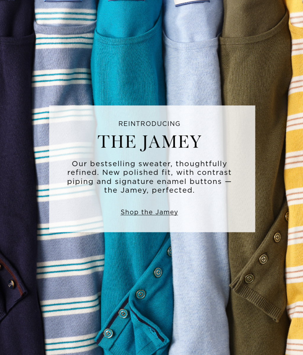 A lineup of colorful sweaters, with text introducing "The Jamey" as a refined, bestselling sweater.