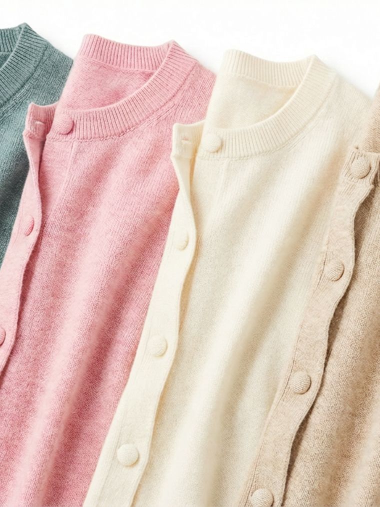 stack of soft hued cardigans in various colors with subtle texture & showing close up of buttons. 